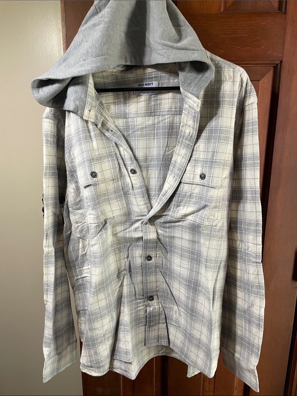 New With Tags Old Navy Gray and Cream Plaid Hooded Button-Up